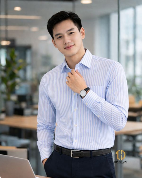 Áo sơ mi đồng phục nam sọc xanh nhạt phối quần tây công sở