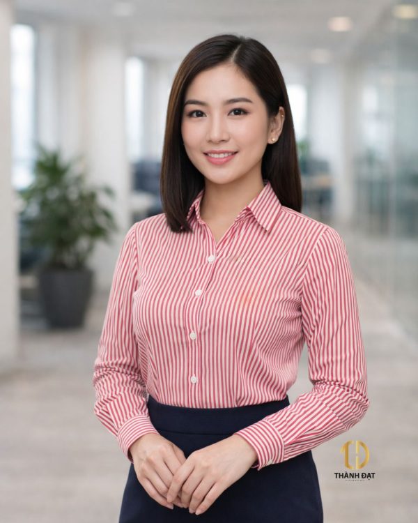 Áo sơ mi nữ đồng phục công sở kẻ sọc đỏ trắng thanh lịch