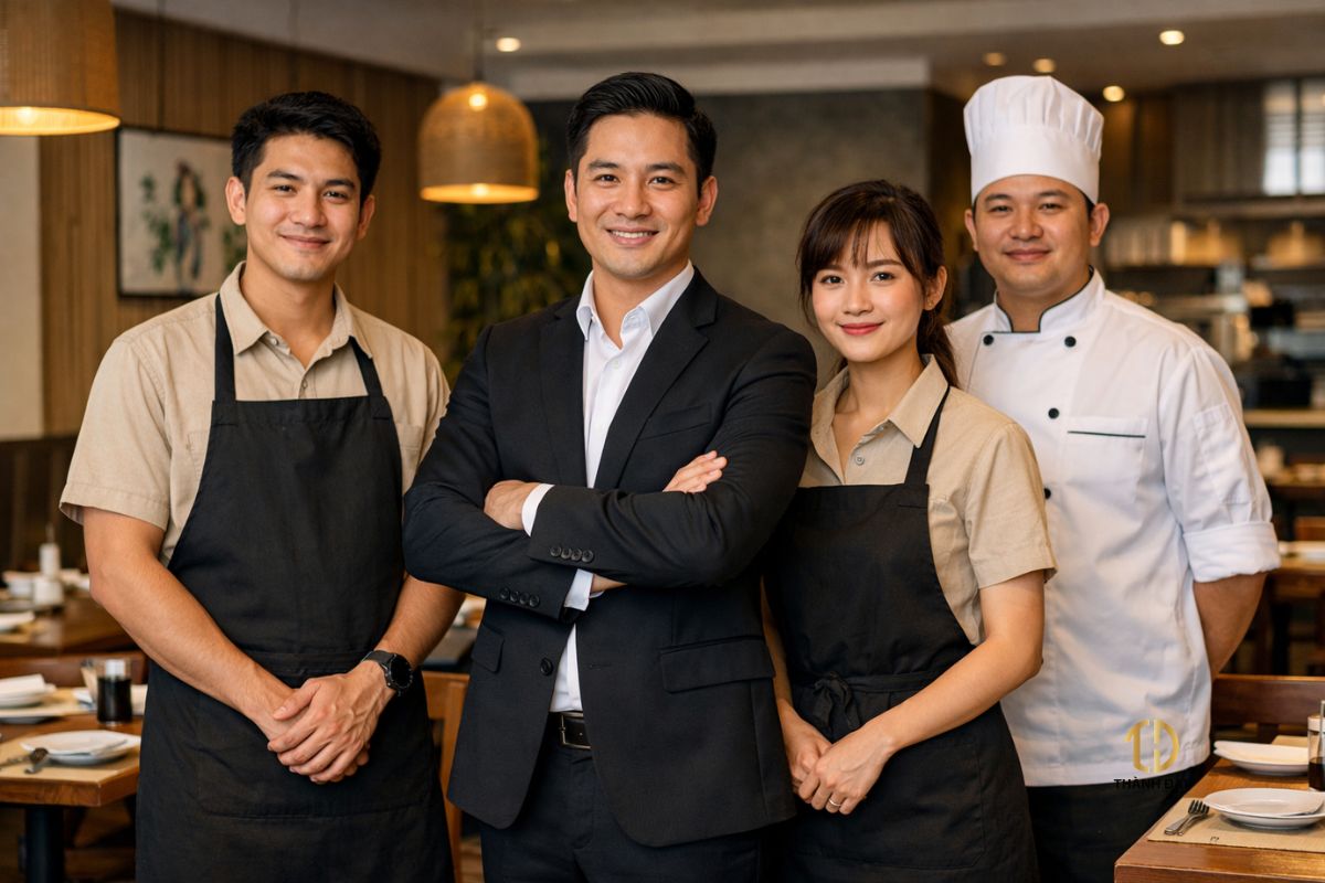 Đồng phục nhà hàng gồm phục vụ, bếp và quản lý đồng bộ
