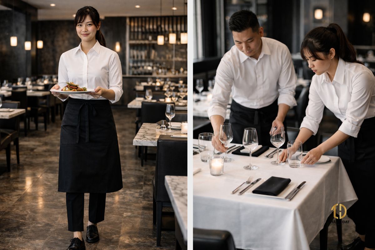 đồng phục nhân viên phục vụ nhà hàng chuyên nghiệp màu đen trắng