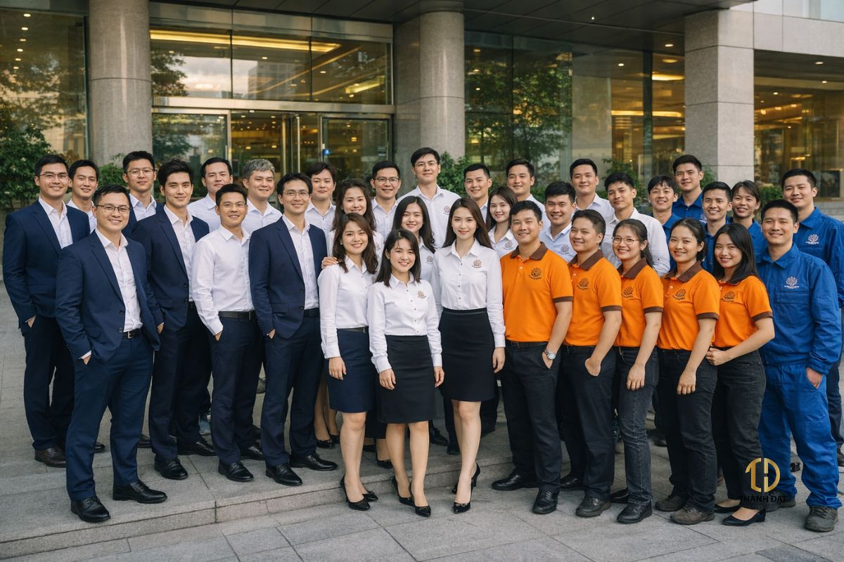 Nhân viên Vinasamex mặc đồng phục công sở, polo và bảo hộ trong dự án may đồng phục doanh nghiệp tại Hà Nội