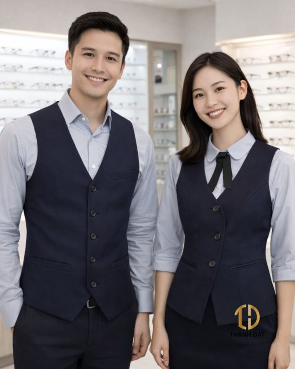 Sự kết hợp 2 mẫu áo gile màu xanh navy cho nam và nữ