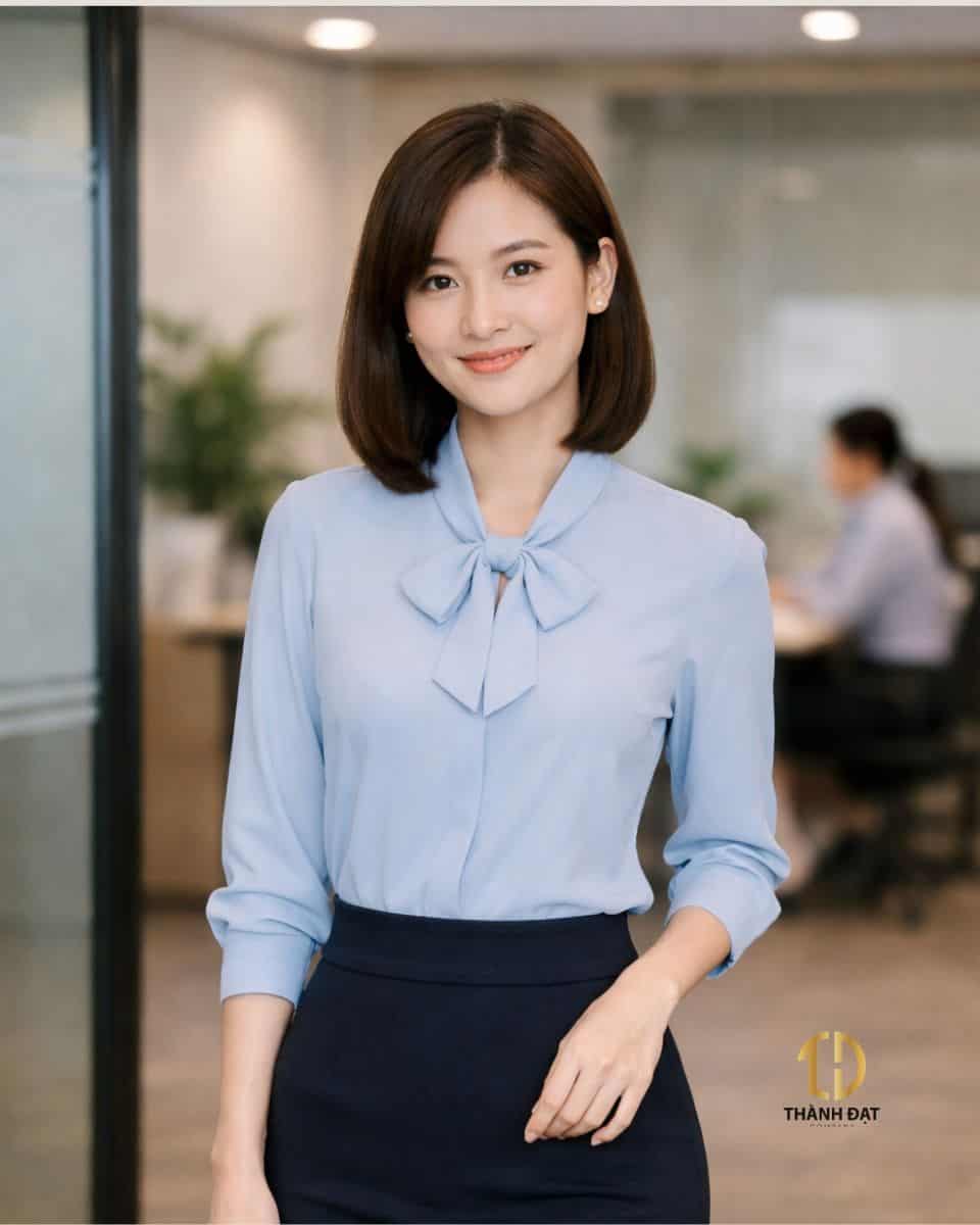 Áo sơ mi công sở cổ nơ cho nữ thanh lịch