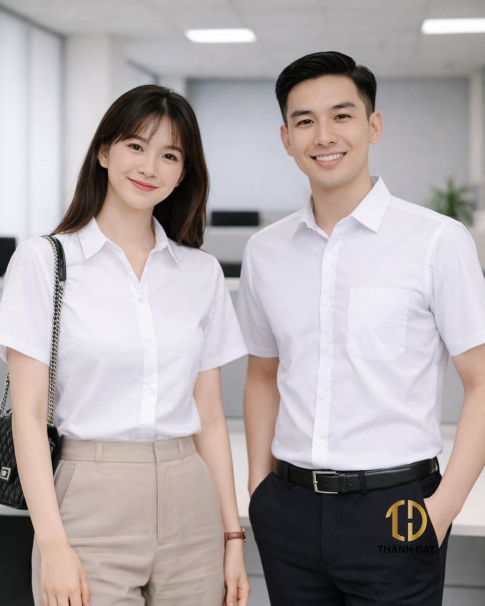 Nhân viên mặc áo sơ mi công sở tay cộc làm việc tại văn phòng