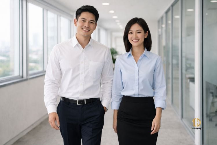 Nhân viên mặc đồng phục công sở sơ mi trắng và xanh di chuyển trong hành lang văn phòng