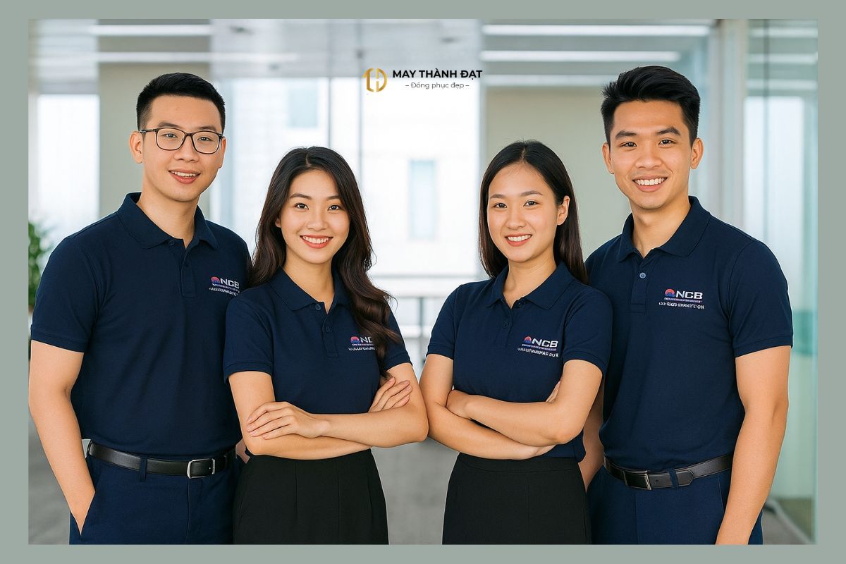 Đồng phục áo polo doanh nghiệp màu navy NCB tại Hà Nội, thiết kế đơn giản dễ mặc