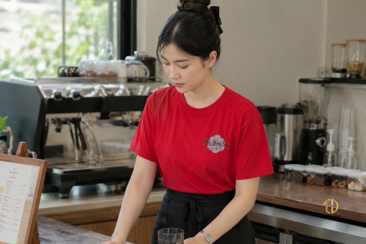 Nhân viên quán cafe mặc áo phông đồng phục khi làm việc