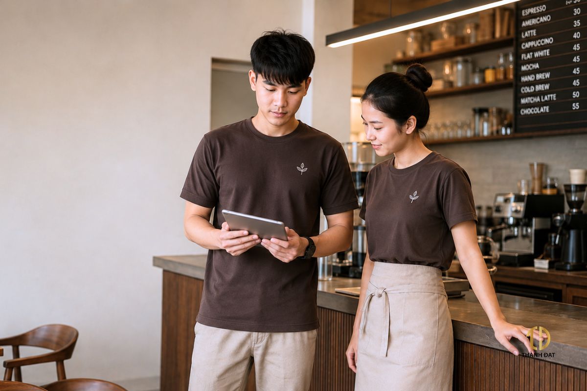 Nhân viên quán cafe mặc áo polo phối cùng tạp dề