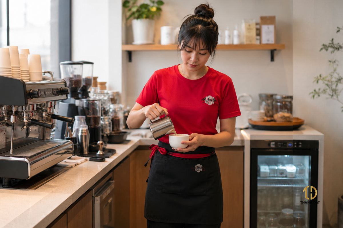 Nhân viên quán cafe mặc áo phông kết hợp tạp dề đồng phục