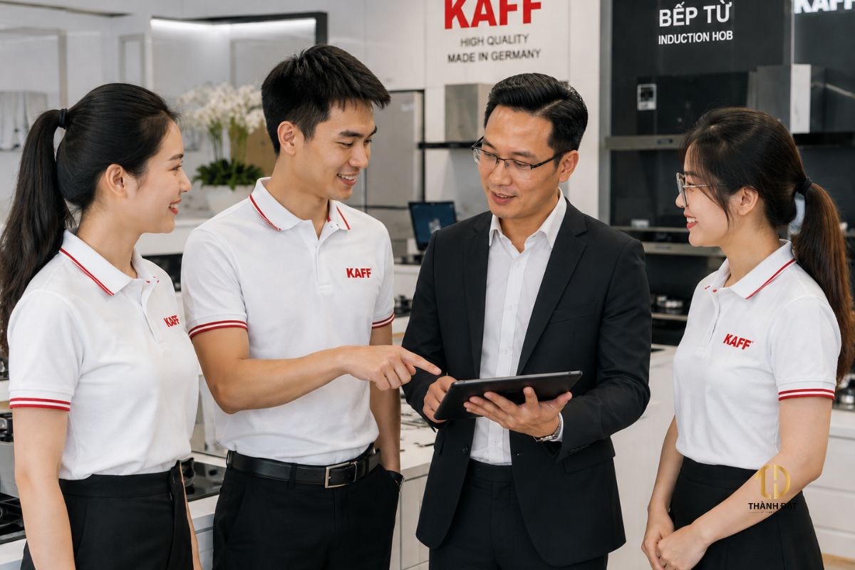 Quản lý mặc vest kết hợp nhân viên mặc áo phông đồng phục công ty trong showroom hiện đại