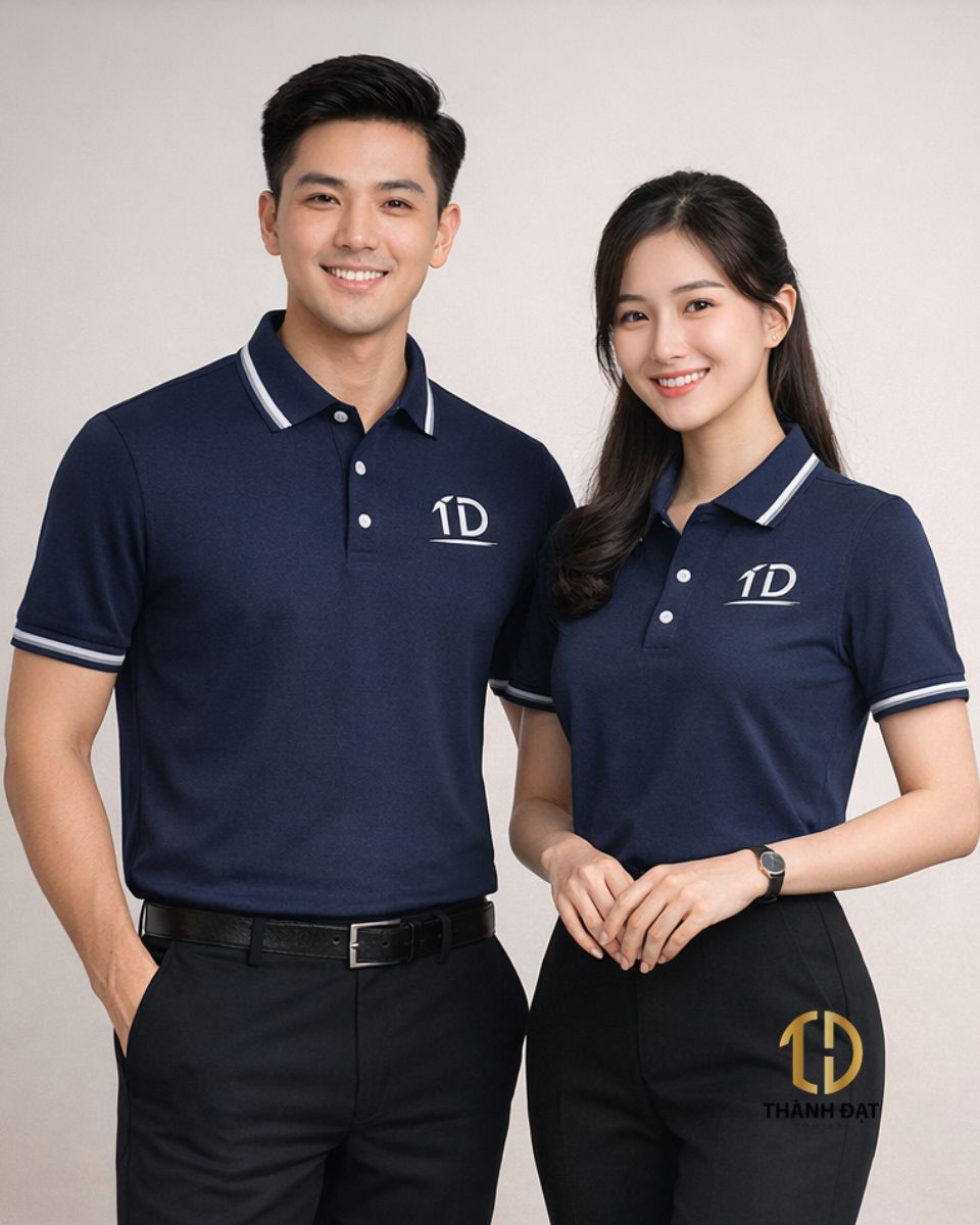 Nhân viên văn phòng mặc áo polo đồng phục màu navy