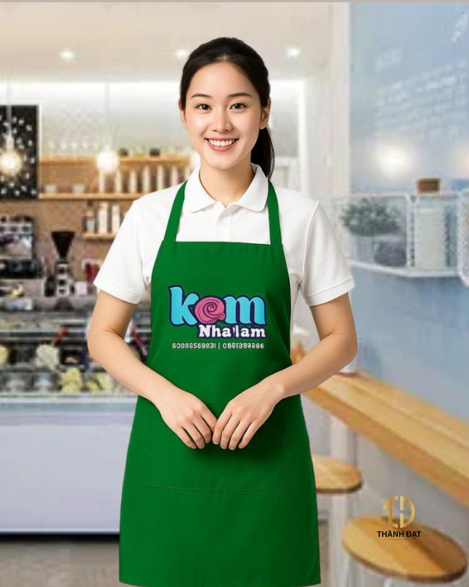 Nhân viên quán cafe mặc áo polo đồng phục phối cùng tạp dề
