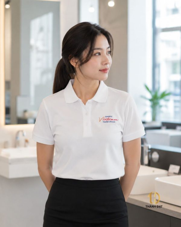 Nhân viên nữ mặc áo polo công ty trong showroom
