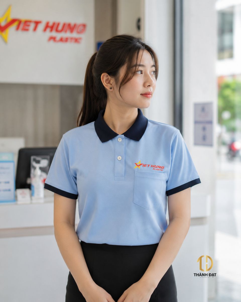 Nhân viên nữ mặc áo polo xanh nhạt đồng phục công ty