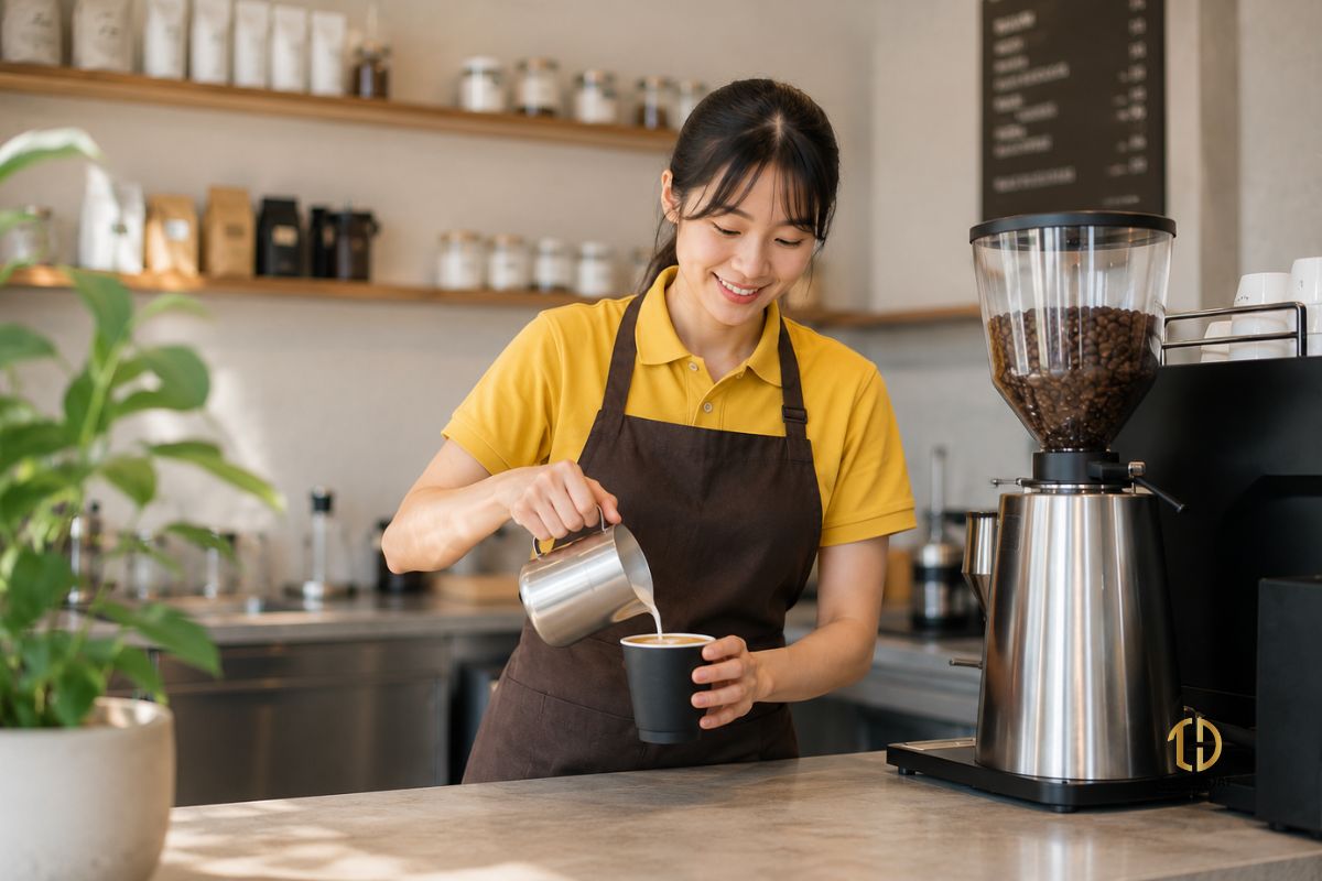 Nhân viên bakery cafe mặc đồng phục phối cùng tạp dề