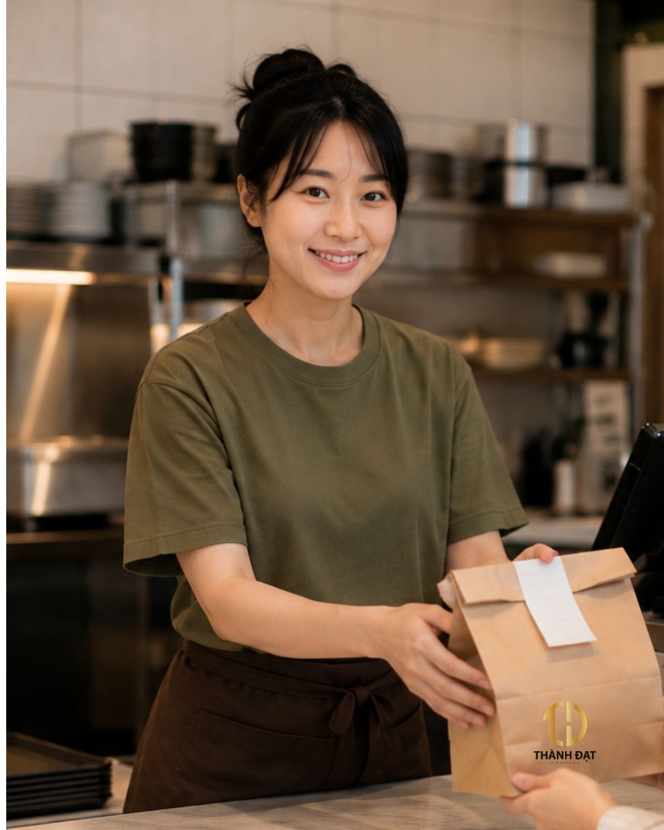 Nhân viên mặc áo phông cổ tròn đồng phục nhà hàng