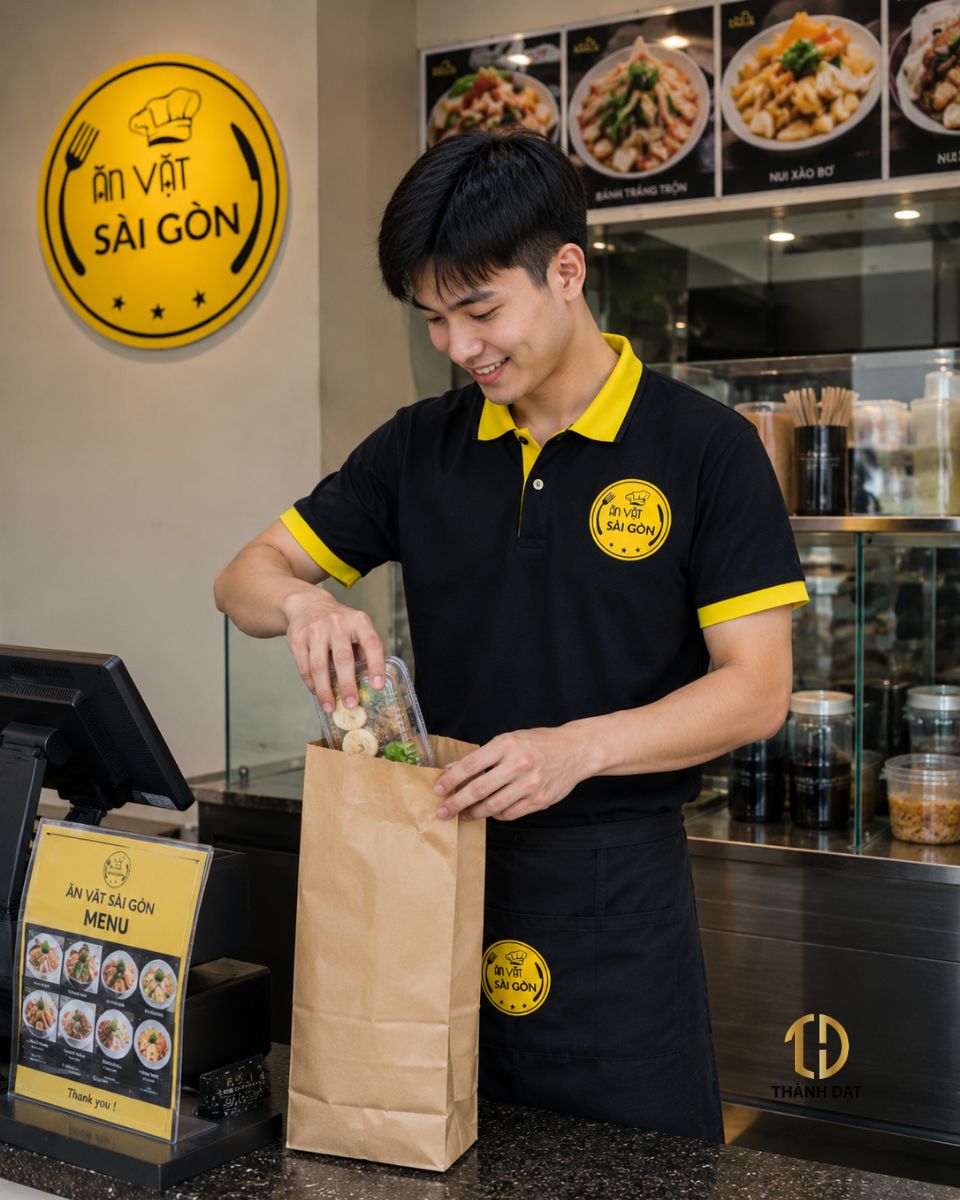 Nhân viên mặc áo phông đồng phục nhà hàng màu đen logo vàng