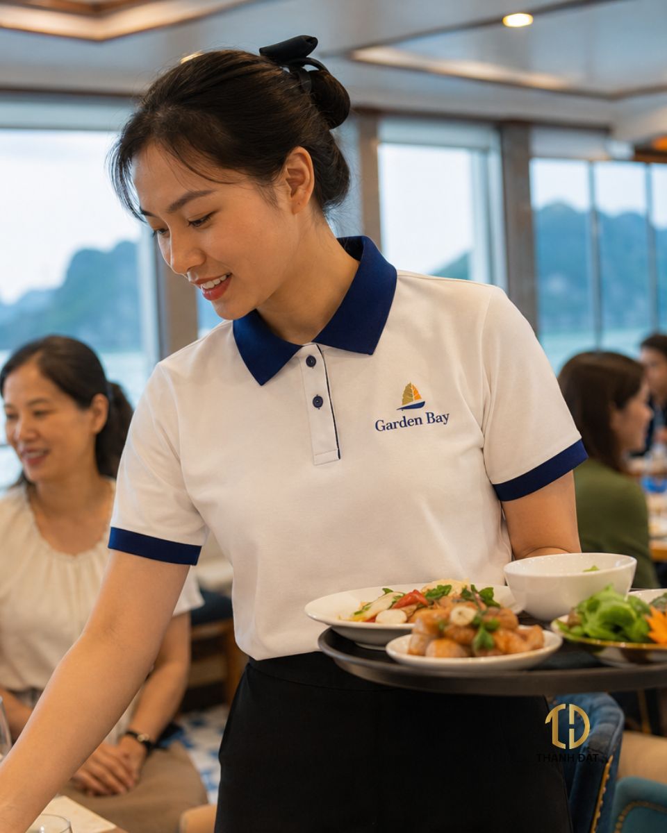 Nhân viên phục vụ mặc áo polo đồng phục nhà hàng màu trắng