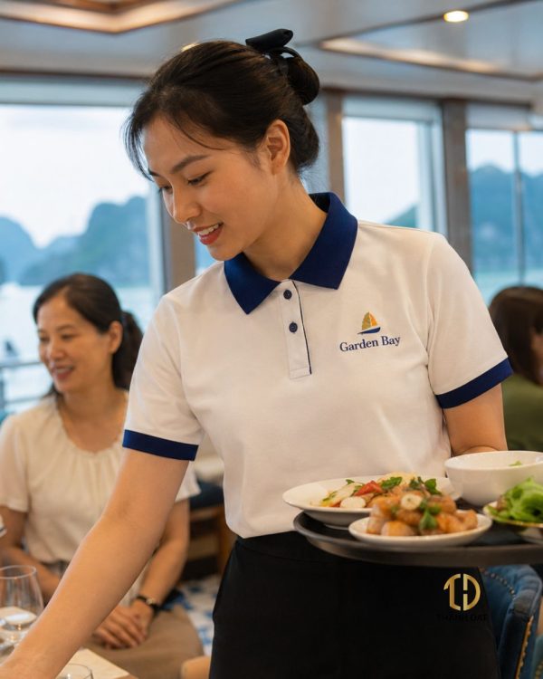 Đồng phục nhân viên nhà hàng áo polo trắng phối xanh navy mặc trên người mẫu
